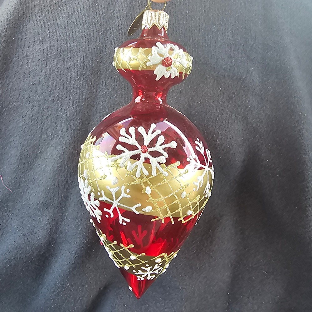 Pier 1 Li Bien Red Glass Finial Christmas Ornament Gold Lattice Snowflakes